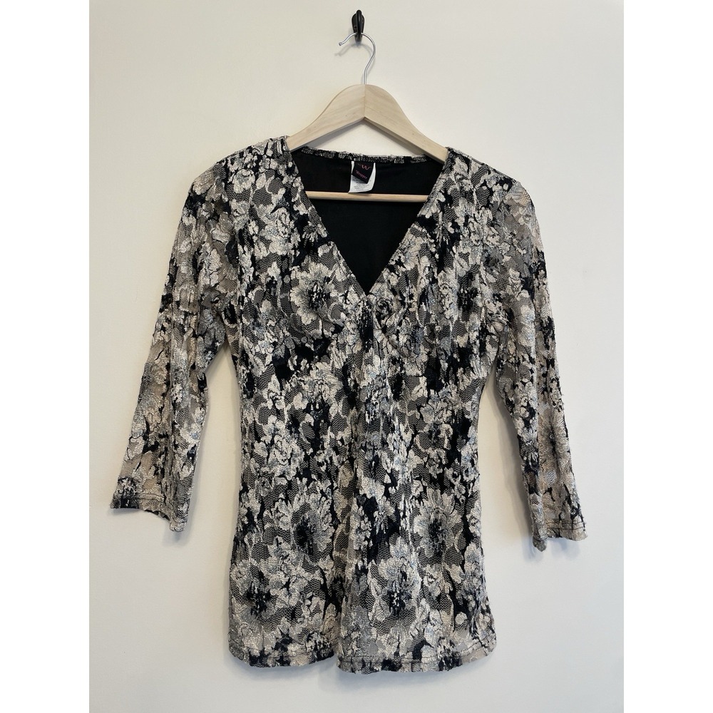 Vintage Y2K Silver Metallic Lace Top Women Large White Black V-neck Whimsigoth